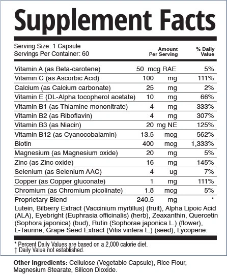 The TheyaVue Supplement Facts panel as photographed on the bottle